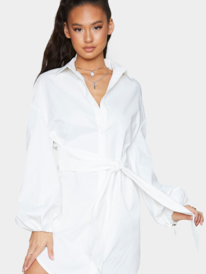 White Tie Waist Elasticated Puff Cuff Shirt Dress