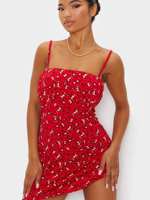 Red Ditsy Floral Print Ruched Bust Shift Dress