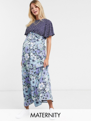 Twisted Wunder Maternity Flutter Sleeve Maxi In Retro Floral And Spot Mix