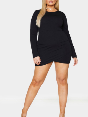 Plus Black Long Sleeve Wrap Skirt Bodycon Dress