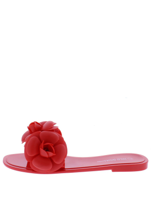 Jackie06a Red Flower Open Toe Flat Slide Sandal