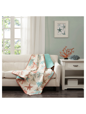 50"x70" Ocean View Oversized Cotton Quilted Throw Blanket Coral