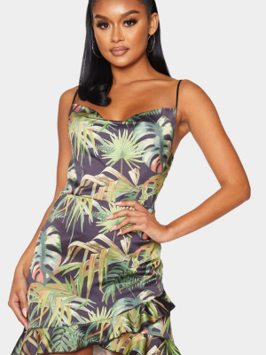 Black Tropical Print Hammered Satin Frill Hem...