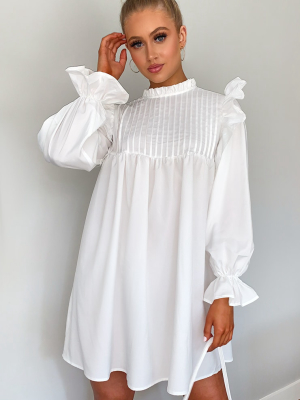 White Ruffle Binding Detail Shirt Dress