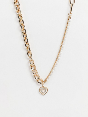 Asos Design Necklace With Pearl And Link Chain And Heart Pendant In Gold Tone