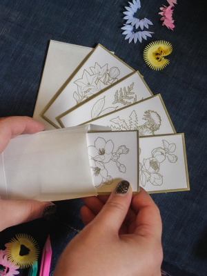 Mini Floral Color-in Postcards, White And Gold