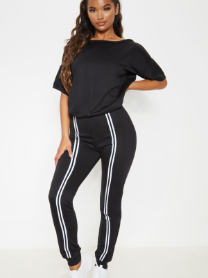 Black Loop Back Sports Stripe Jumpsuit