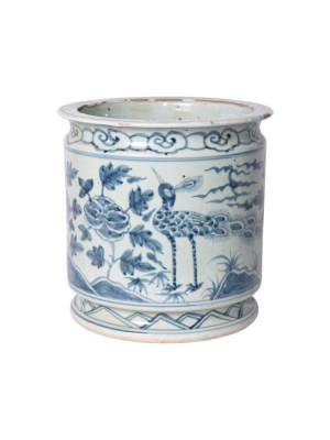 Orchid Pot Blue And White, Bird Motif