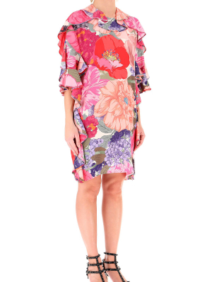 Valentino Floral Printed Ruffle Trim Dress