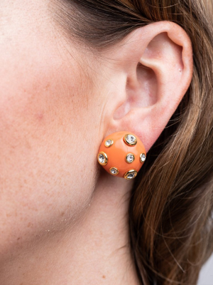 Coral Domed Gold Clip Earrings With Crystals