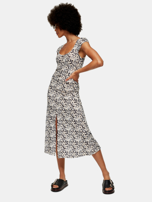 Natural Animal Print Mesh Jersey Midi Dress