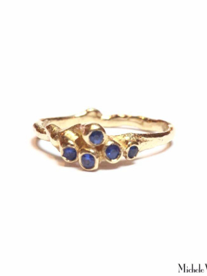 Blue Sapphire Sea Anemone Cluster Gold Ring