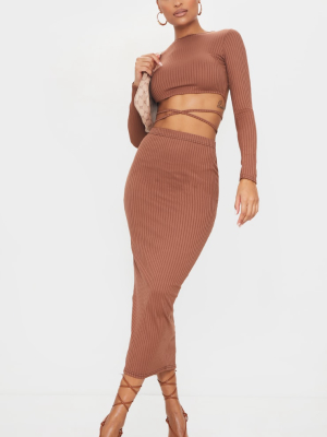 Chocolate Brown Ribbed Midaxi Skirt