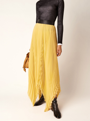 Leather-trim Pleated Jersey-silk Midi Skirt