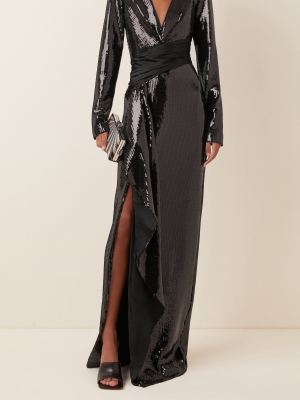 Cascade Wrap-waist Sequined Gown