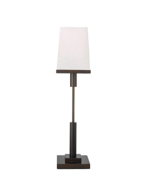 Jud Table Lamp In Oil Rubbed Bronze With Small Square Open Cone Shade In White Linen