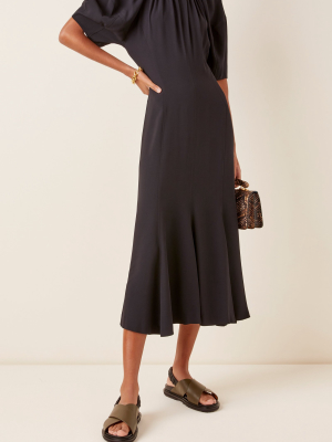 Ruched Puff-sleeve Crepe Midi Dress