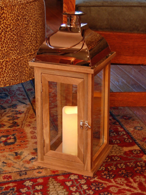 Wooden Led Lantern With Copper Roof And Battery Operated Candle Brown - Lumabase