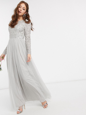 Maya Bridesmaid Long Sleeve V Back Maxi Tulle Dress With Tonal Delicate Sequin In Silver
