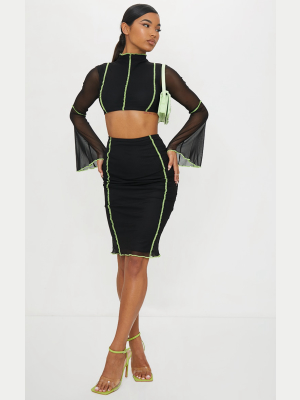 Black Mesh Stitch Detail Cut Out Flare Sleeve...