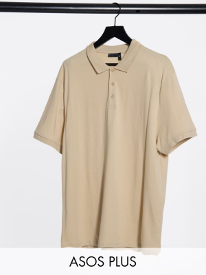 Asos Design Plus Organic Short Sleeve Polo In Beige