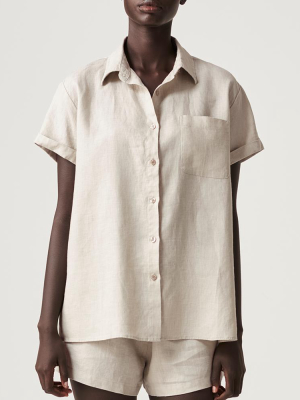 100% Linen Short Sleeve Shirt In Dove Grey