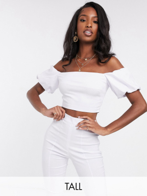 Vesper Tall Bardot Crop Top With Puff Sleeve Two-piece In White