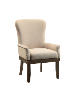 Wooden Armchair With Wing Back And Nailhead Trims Beige/brown - Benzara