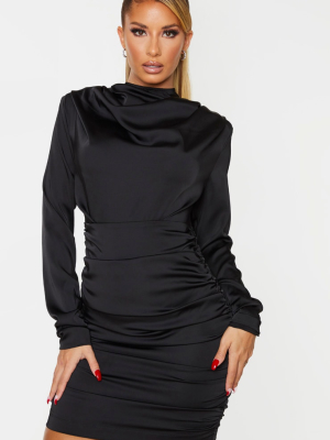 Black Ruched Detail Long Sleeve Bodycon Dress