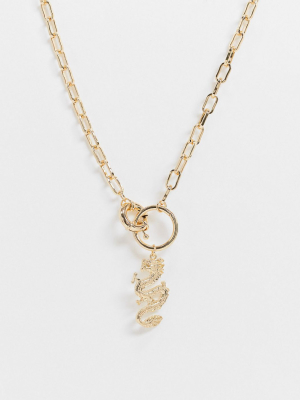 Asos Design Necklace With Bolt Ring And Dragon Pendant In Gold Tone