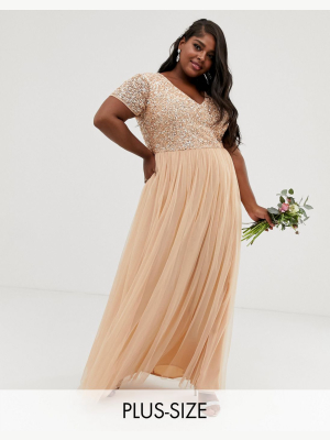 Maya Plus Bridesmaid V Neck Maxi Dress With Delicate Sequin In Soft Peach