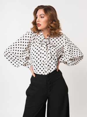 Unique Vintage White & Black Polka Dot Neck Tie Gwen Blouse