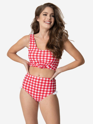 Retro Style Red & White Gingham Ruffle Swim Bottom