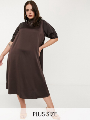 Vero Moda Curve Midi Satin Dress With High Neck In Chocolate