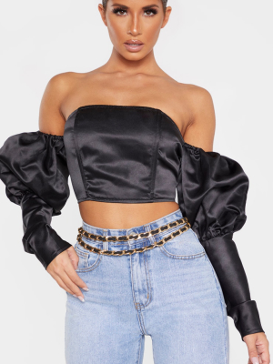 Black Satin Bardot Puff Sleeve Crop Top