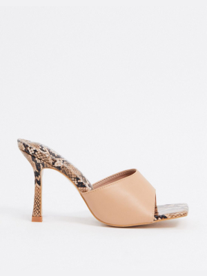 Public Desire Arya Square Toe Mules In Beige Snake Mix