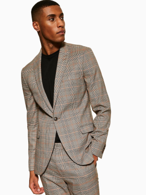 Stone Super Skinny Fit Check Single Breasted Blazer With Peak Lapels