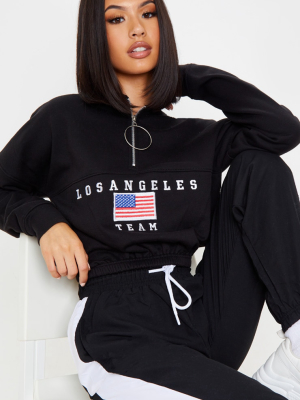 Black Los Angeles Embroidered Usa Zip Sweater