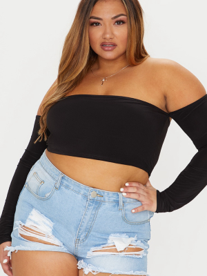 Plus Black Slinky Bardot Long Sleeve Crop Top