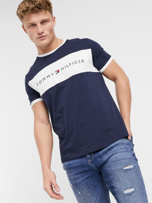 Tommy Hilfiger Crew Neck Lounge T-shirt With Contrast Chest Panel And Logo In Navy