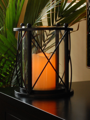 Round Metal Led Lantern With Criss Cross Design And Battery Operated Candle Black - Lumabase