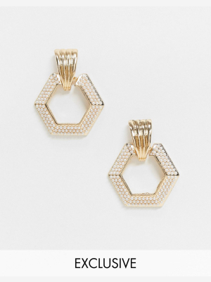 Reclaimed Vintage Inspired Hexagon Drop Earrings With Pearl Detail In Gold