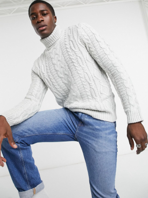 Asos Design Heavyweight Cable Knit Roll Neck Sweater In Ice Gray