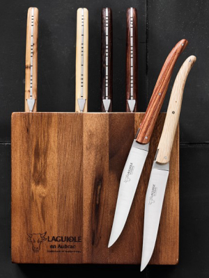 Laguiole En Aubrac 6-piece Mixed Wood Steak Knives, Acacia Block