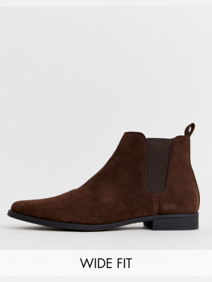 Asos Design Wide Fit Chelsea Boots In Brown Faux Suede