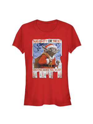 Junior's Star Wars Christmas Yoda Naughty Or Nice T-shirt