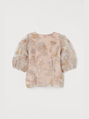 Puff-sleeved Brocade Top