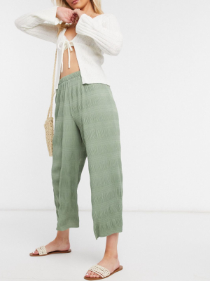 Asos Design Textured Plisse Culotte Pants In Pale Khaki