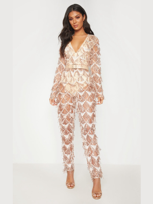 Rose Gold Tassel Sequin Plunge Jumpsuit