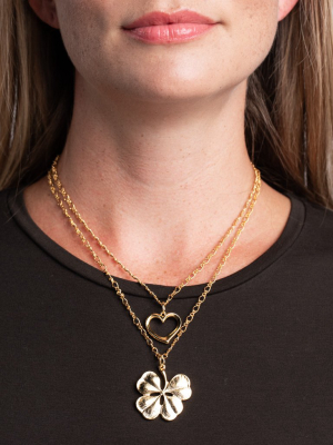 Heart And Clover Double Chain Pendant Necklace